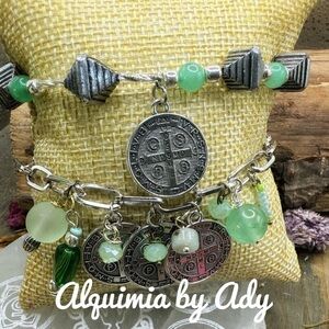 Green Aventurine and Saint Benedict medals charms eclectic bracelet set